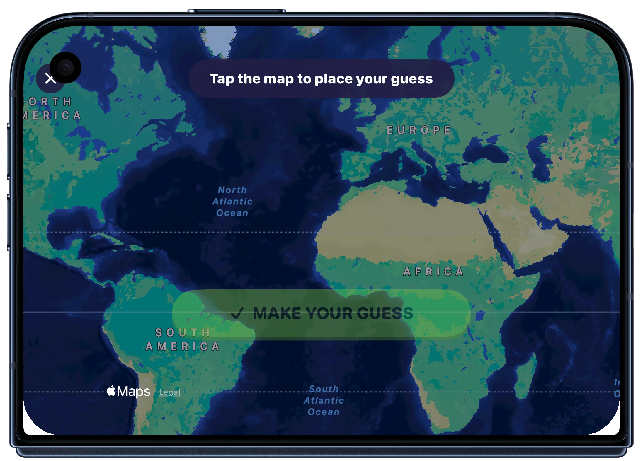Geo Adventures guess map on the iPhone Duo cover display in landscape